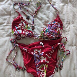 Nanette Lepore swim M red bikini w beads Vintage Anthropologie brand